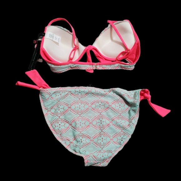 NWT RARE NINETY-NINE DEGREES CROCHET LACE BIKINI SET SZ L TEAL & NEON PINK - Picture 5 of 11